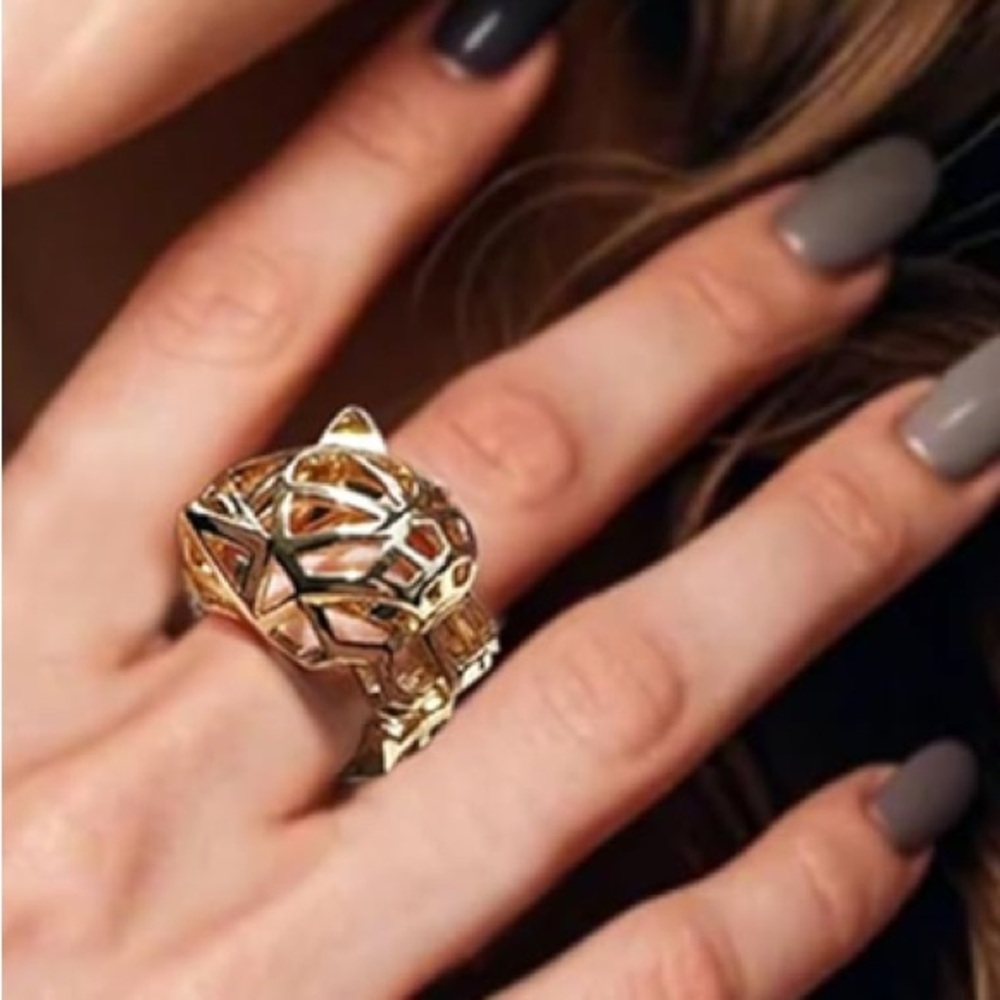 NEW Leopard Head Gold Chunky 3D Grid w/ Green CZ Eye Adjustable Ring